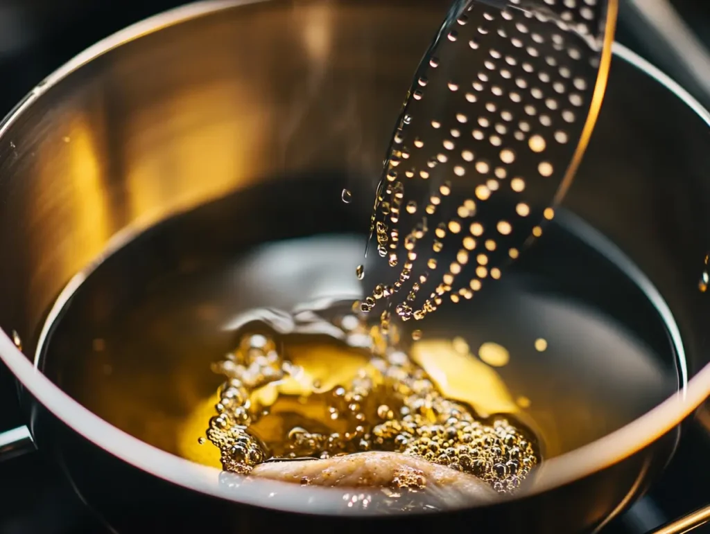 Fish fillet frying in golden bubbling oil.