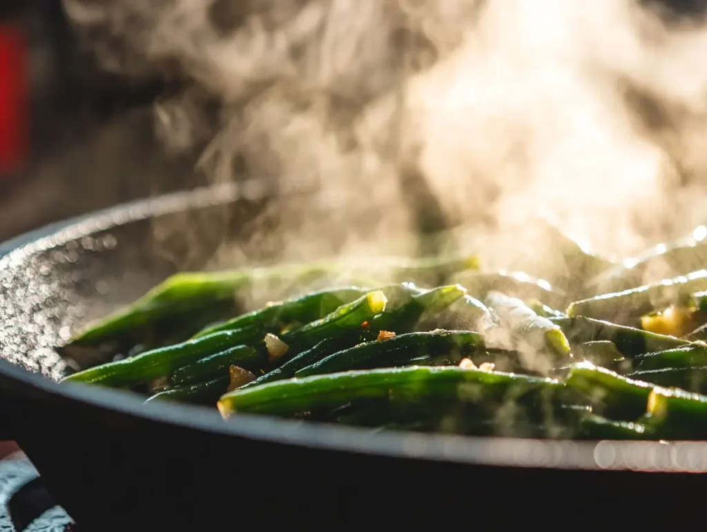  Sautéed green beans in a cast iron skillet.