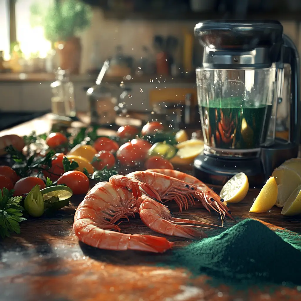 Ingredients for homemade fish food on a rustic kitchen counter.