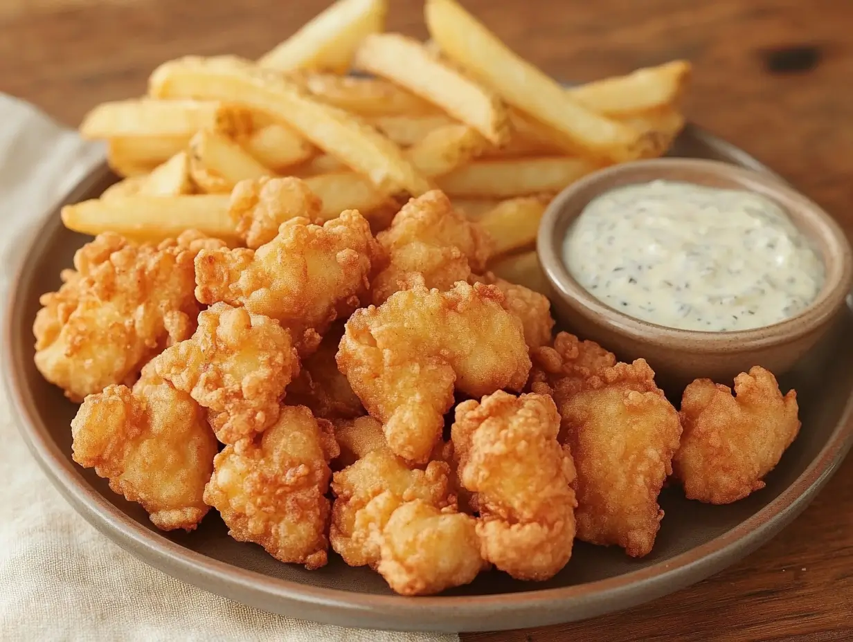 Close-up of Long John Silver's crunchies with fish and fries.