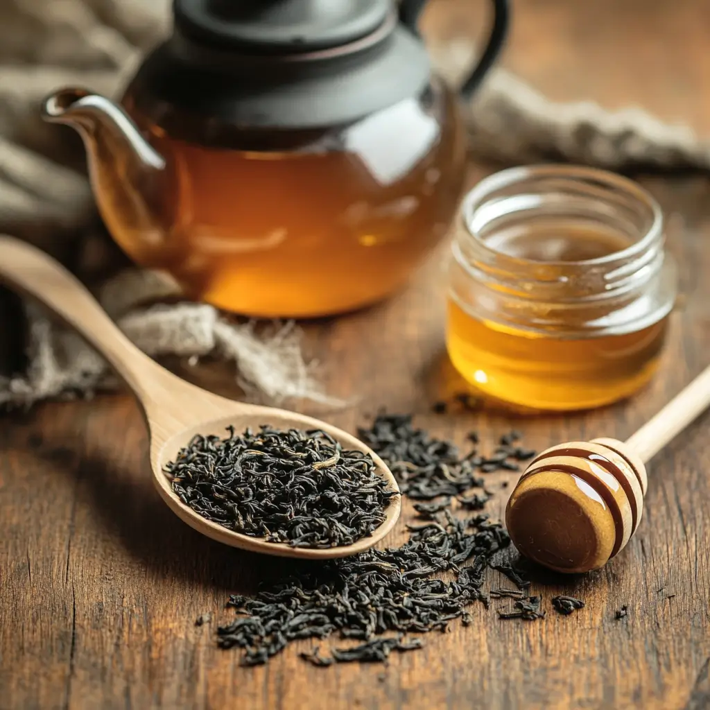 Loose tea leaves and honey on a rustic table.