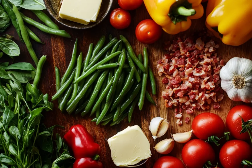 Skillet-cooked green beans with garlic and bacon for keto-friendly preparation.