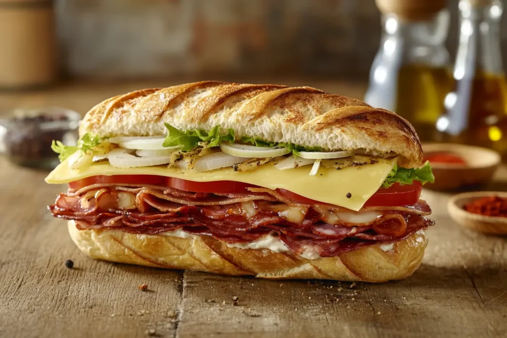 "A Jersey Mike's Super Sub sandwich with fresh ingredients.