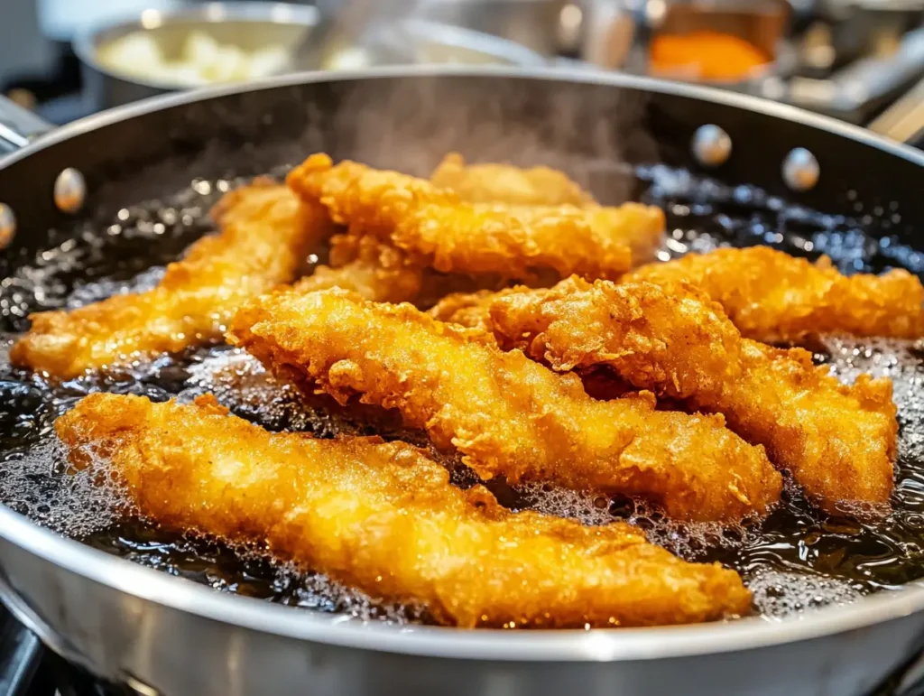 Battered fish frying in a pan with hot oil