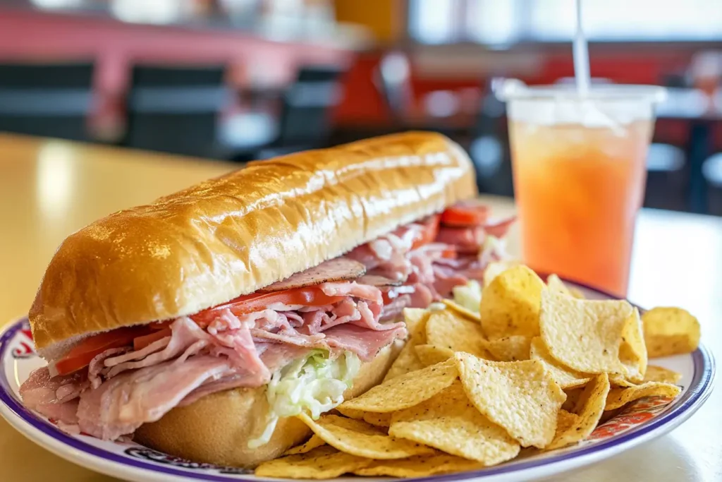 Customer enjoying a Jersey Mike's Super Sub at a diner