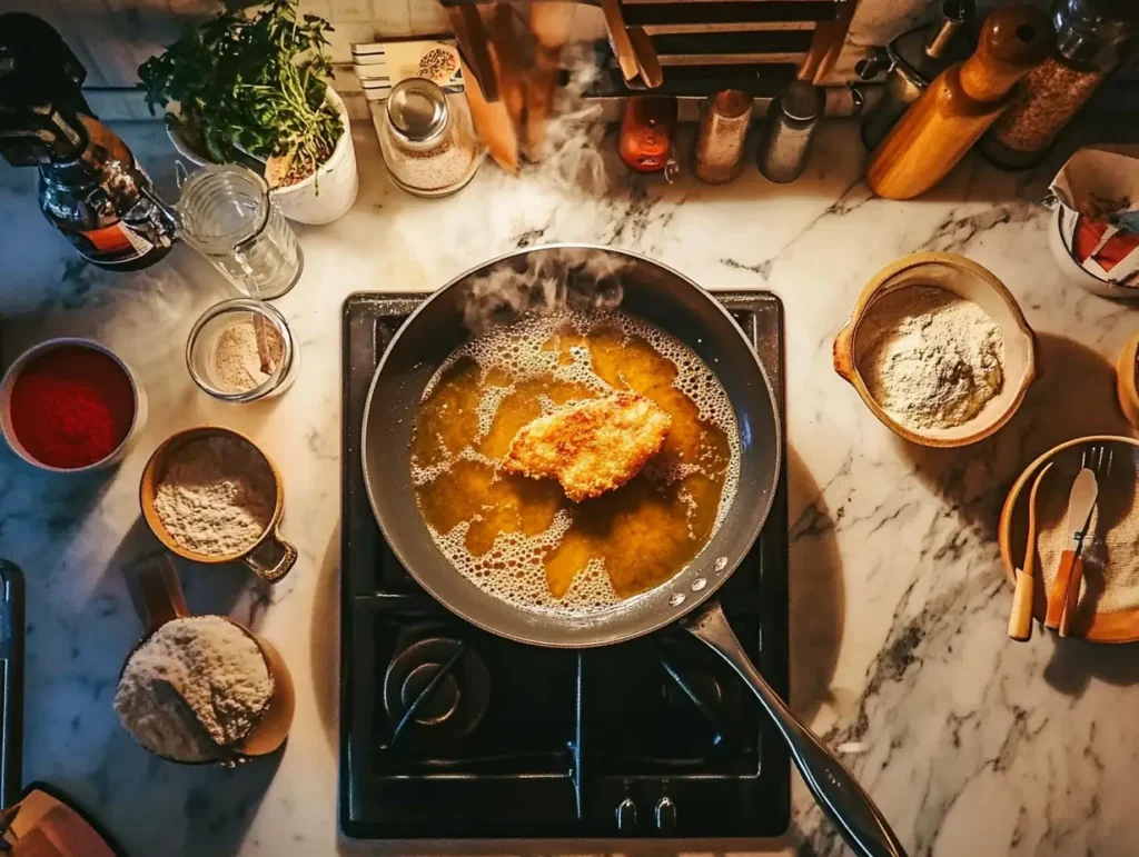  Home setup for frying battered fish.