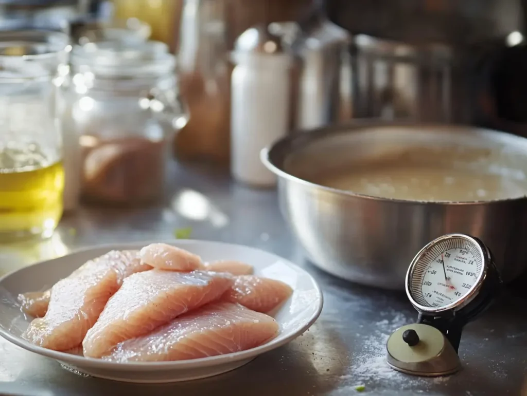  Batter preparation with fish fillets and a frying setup
