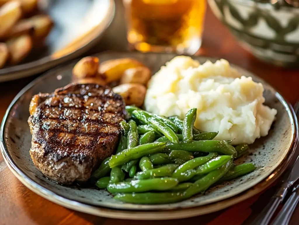 "Texas Roadhouse green beans served as a side dish with grilled steak and mashed potatoes on a rustic dinner plate.