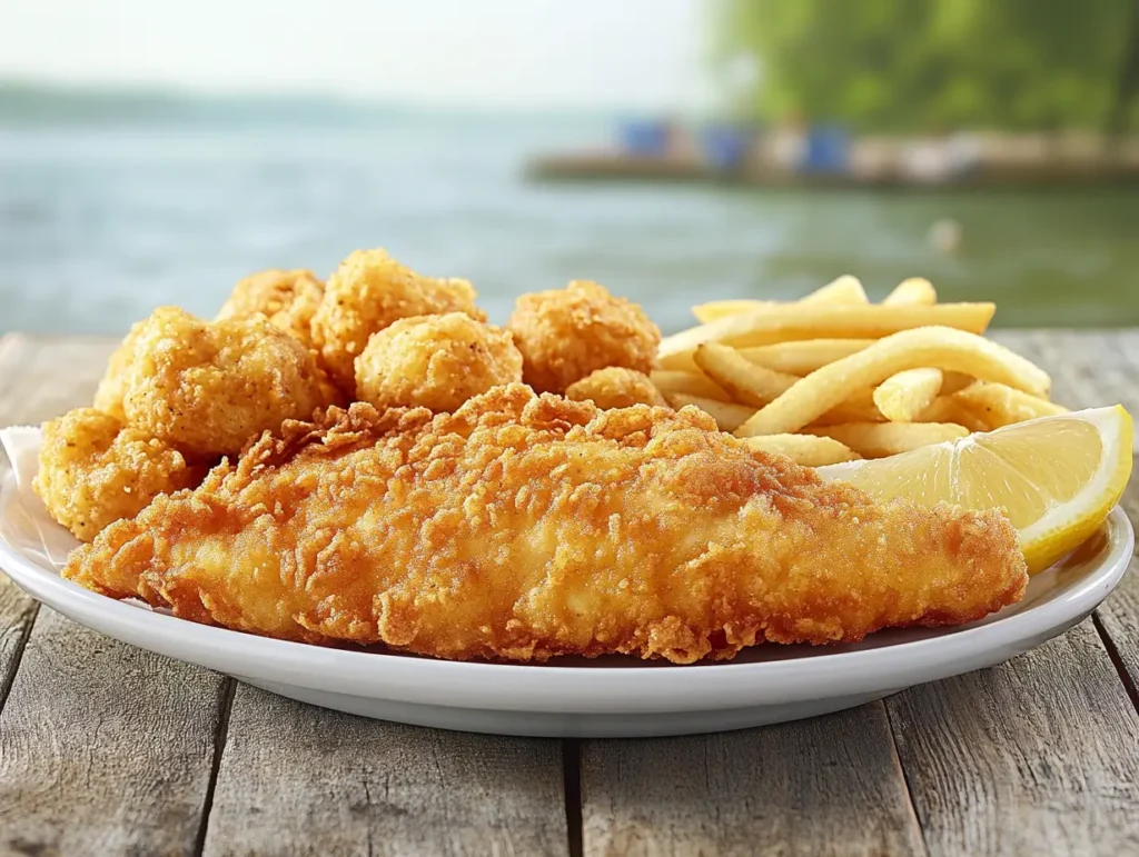 Plate of crispy fried fish with sides.