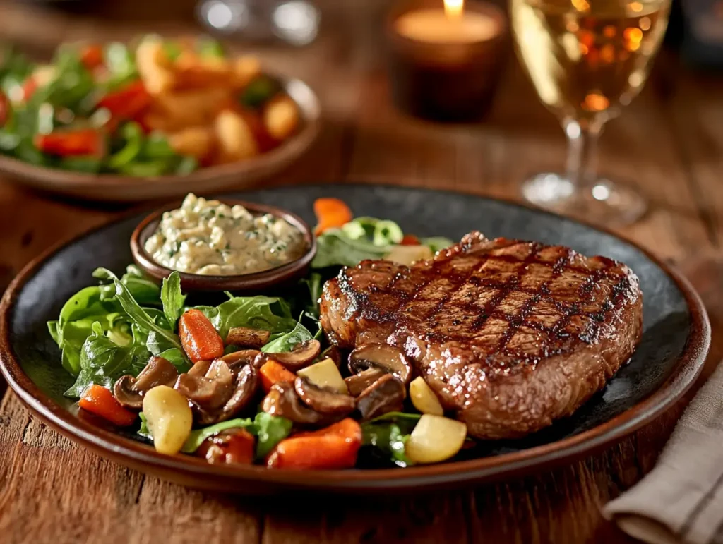 Keto-friendly meal at Texas Roadhouse with steak, mushrooms, and salad
