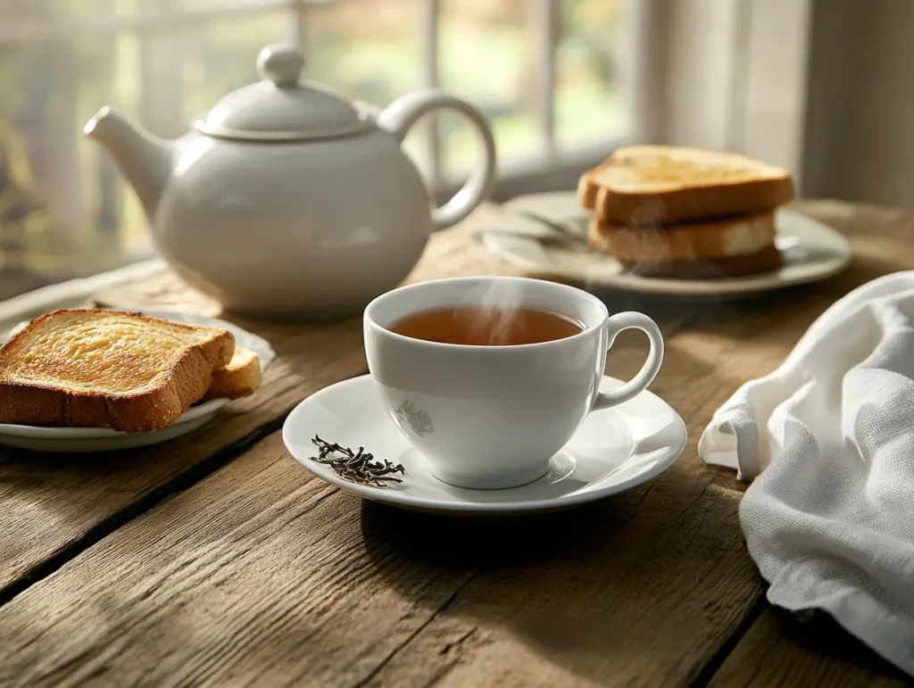 A steaming cup of English Breakfast Tea on a rustic wooden table.