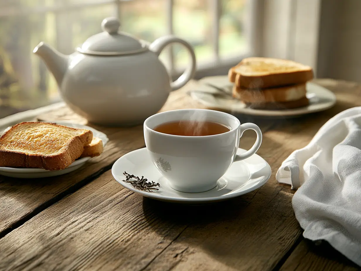 A steaming cup of English Breakfast Tea on a rustic wooden table.