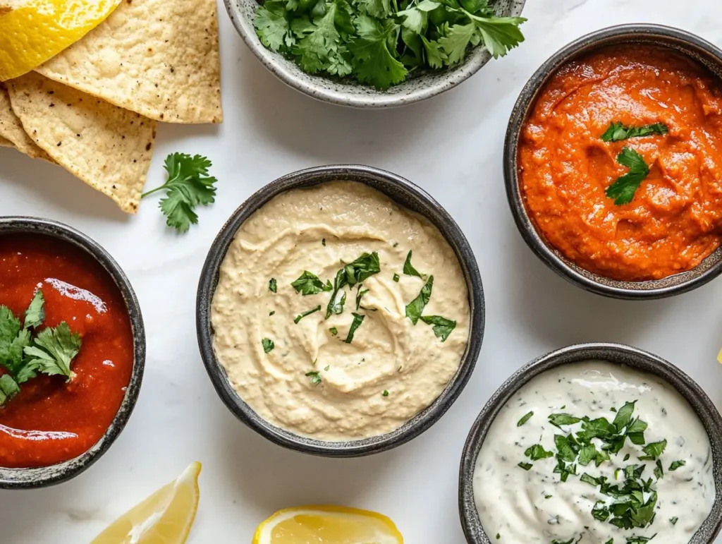  Crunchies served with dipping sauces and garnishes.