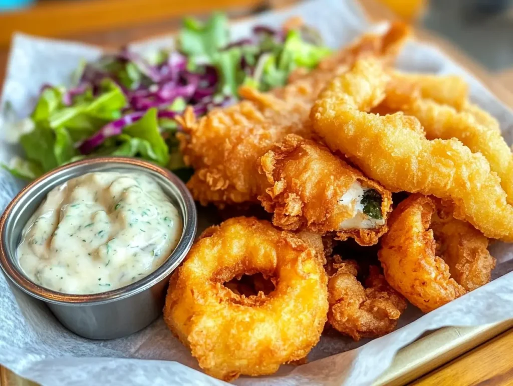 A tray of fried fish, onion rings, and hush puppies.