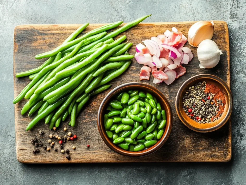 Ingredients for Texas Roadhouse green beans including fresh green beans, bacon, onions, and broth.