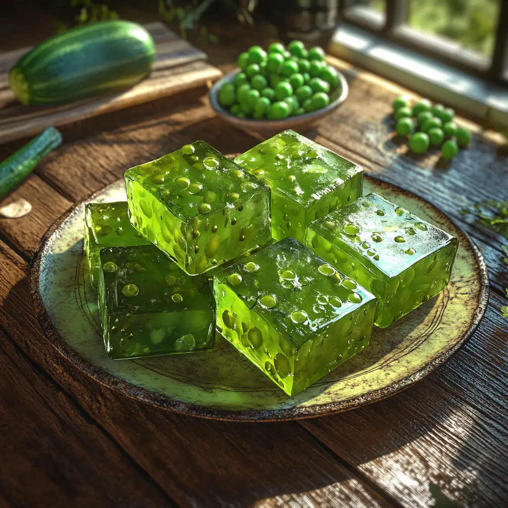 Homemade algae wafers and gel fish food cubes on a wooden table.