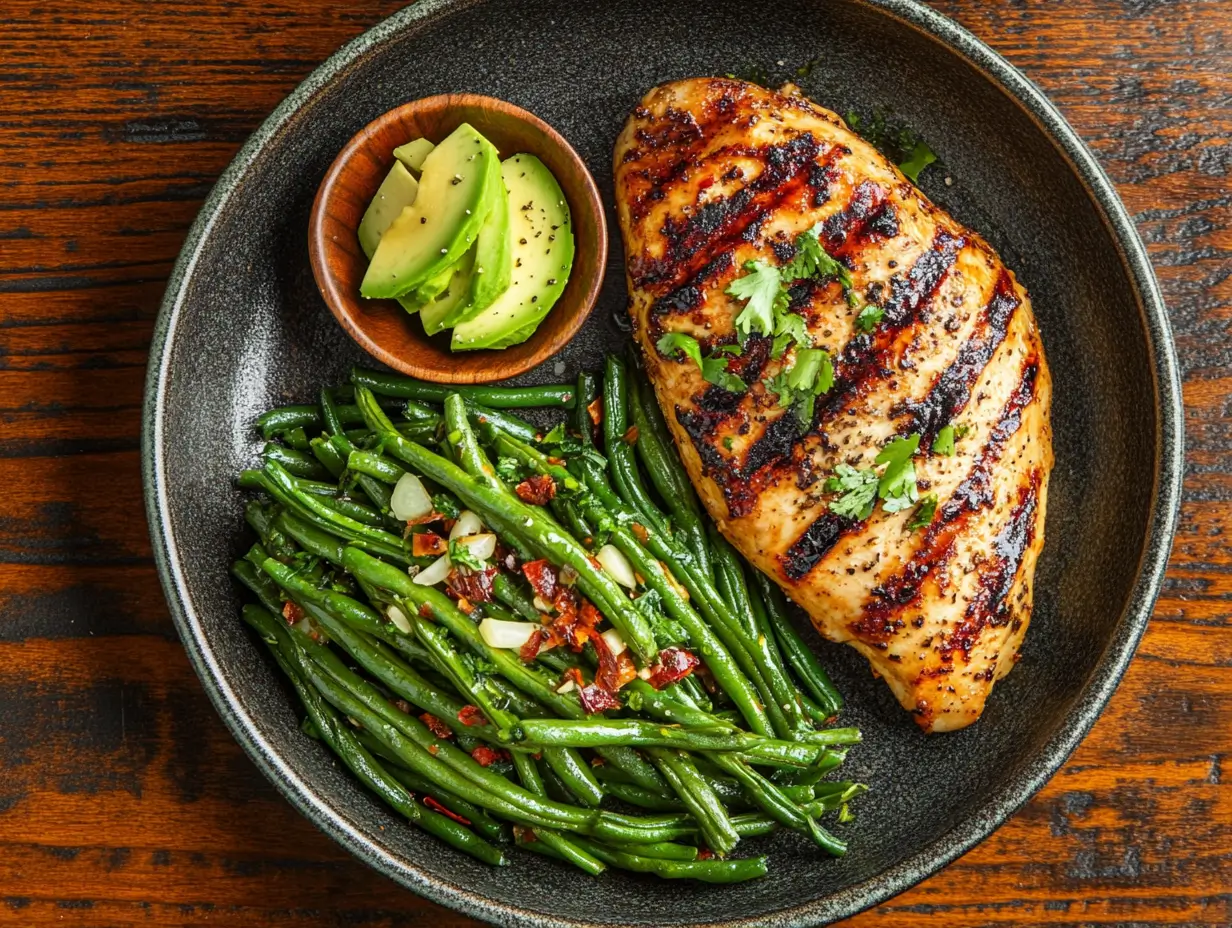 Keto-friendly meal with sautéed green beans.