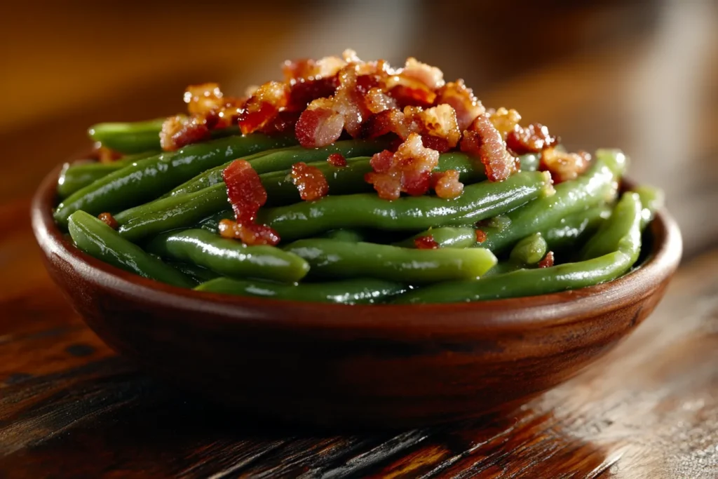 Texas Roadhouse green beans with bacon on a rustic wooden table.