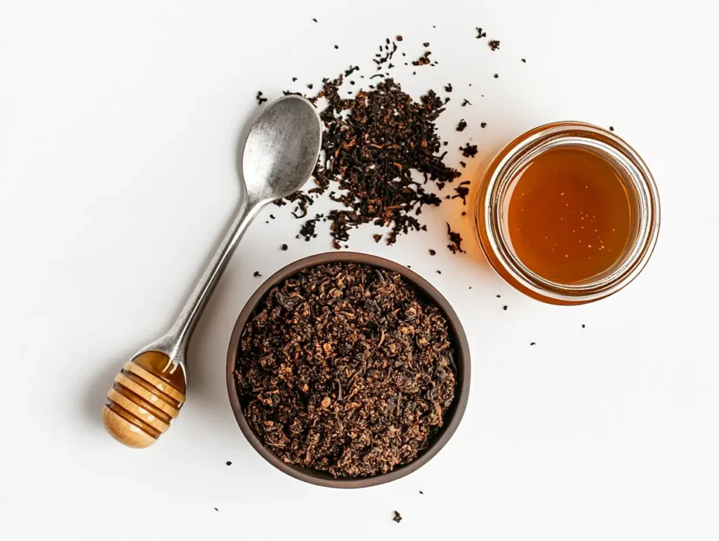 Loose-leaf English Breakfast Tea with a spoon and jar of honey.