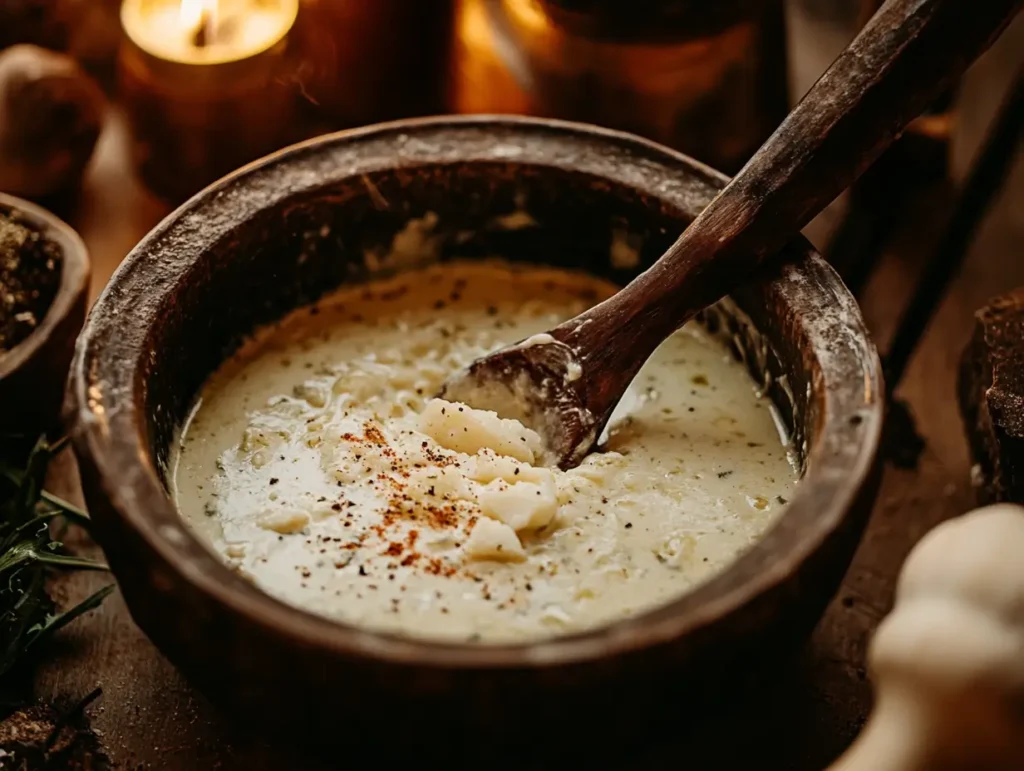 Close-up of creamy fish batter being whisked with scattered ingredients.