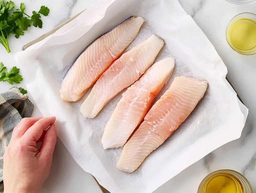 Drying fish pieces with paper towels before battering.