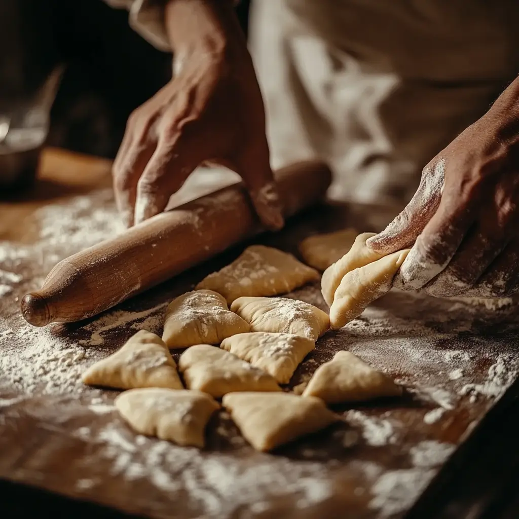 Gipfeli dough being rolled out and shaped
