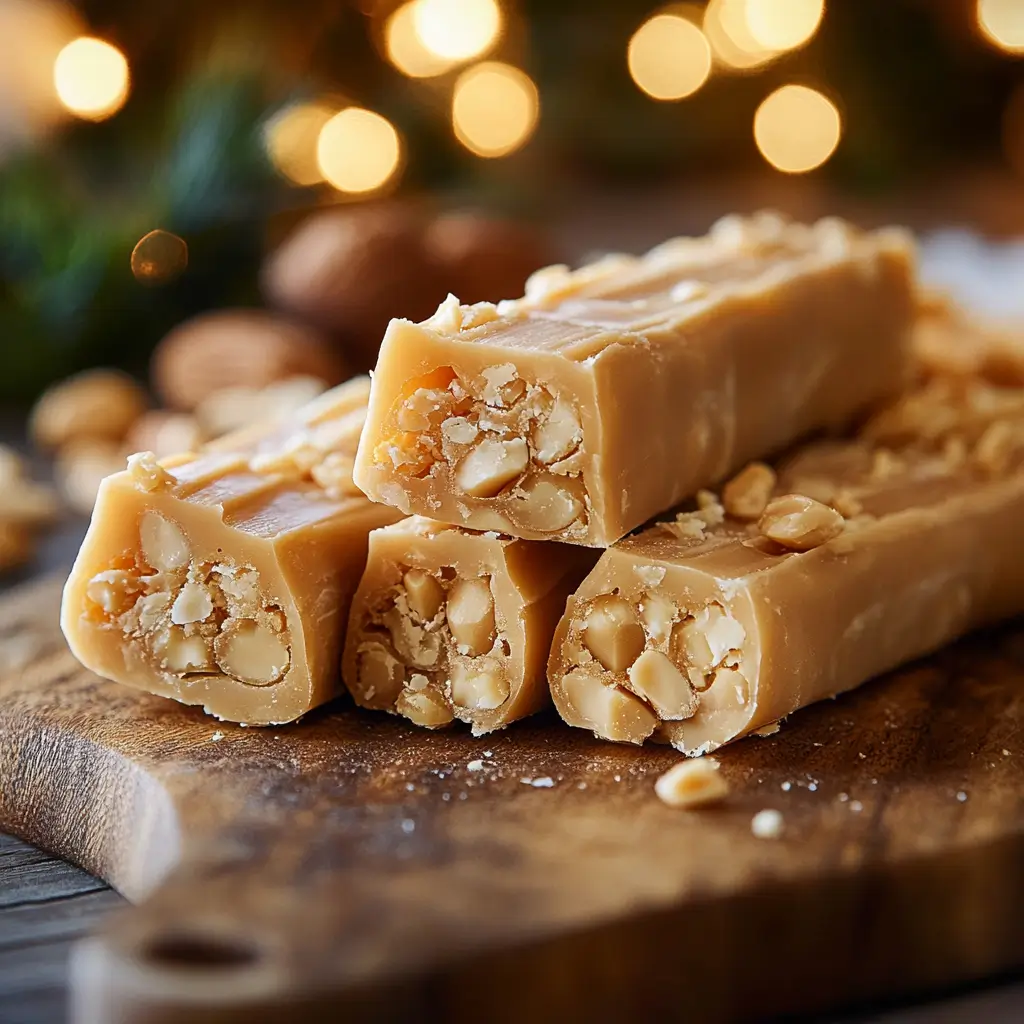 Homemade peanut butter log candy with a crunchy exterior and peanut butter filling.