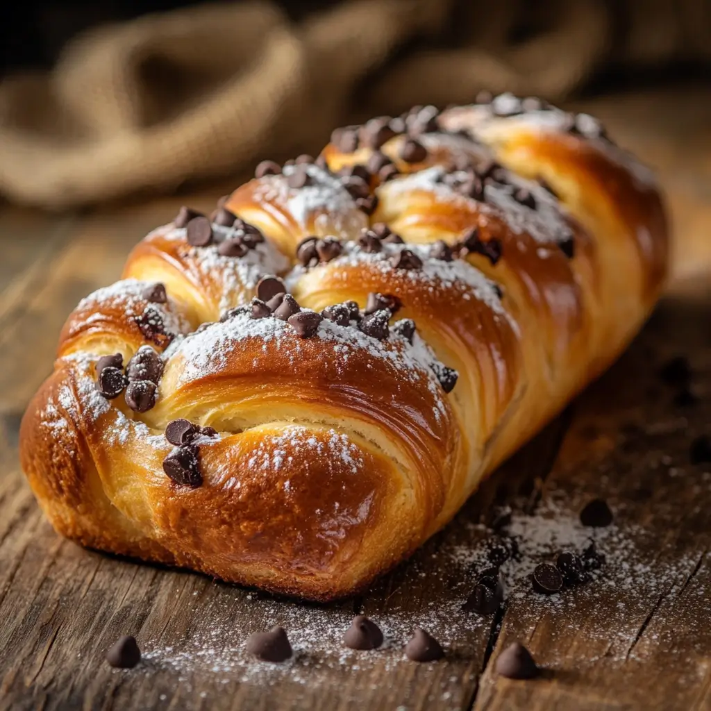 Close-up of hands braiding chocolate chip brioche dough