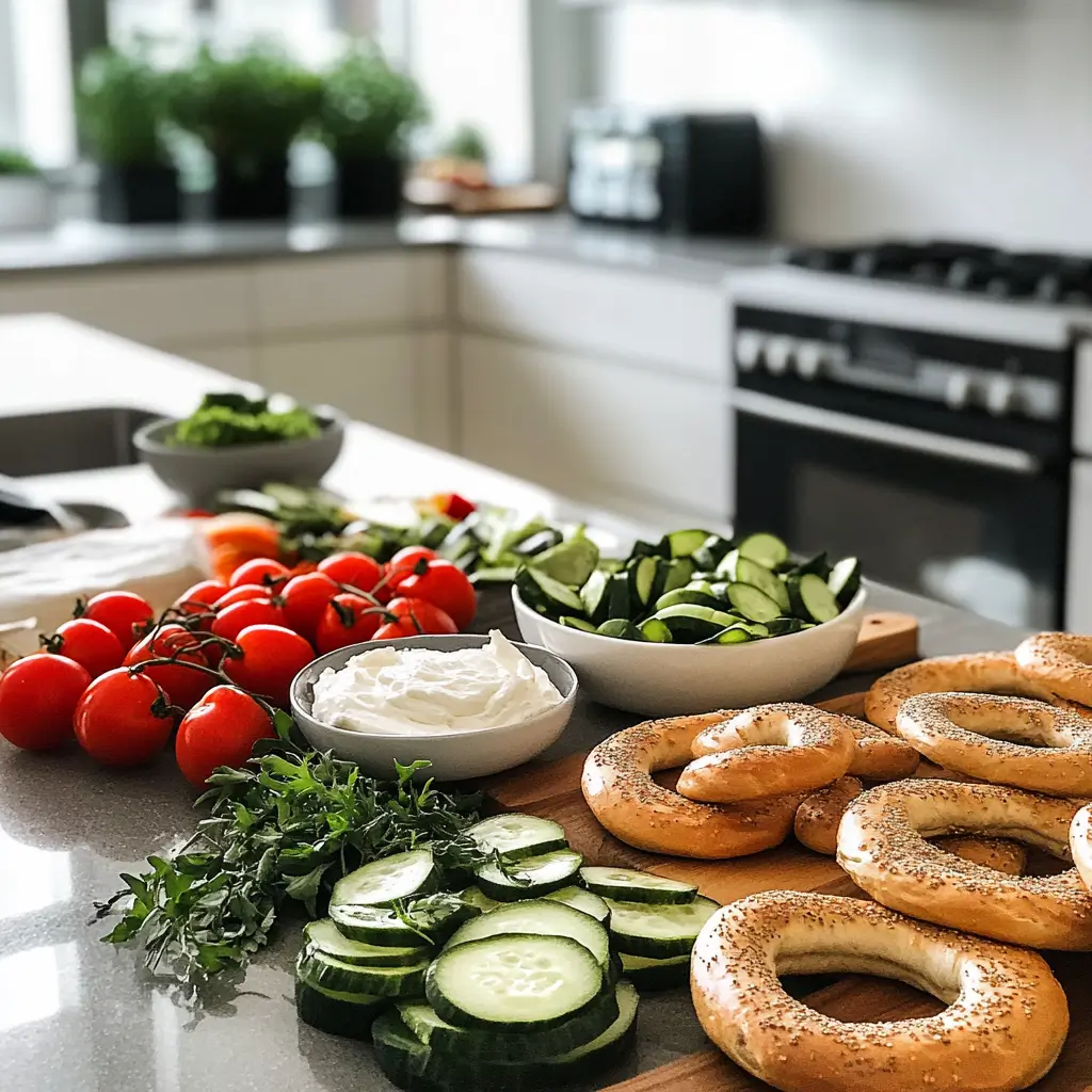 Gluten-free bagels with cream cheese and fresh vegetables.