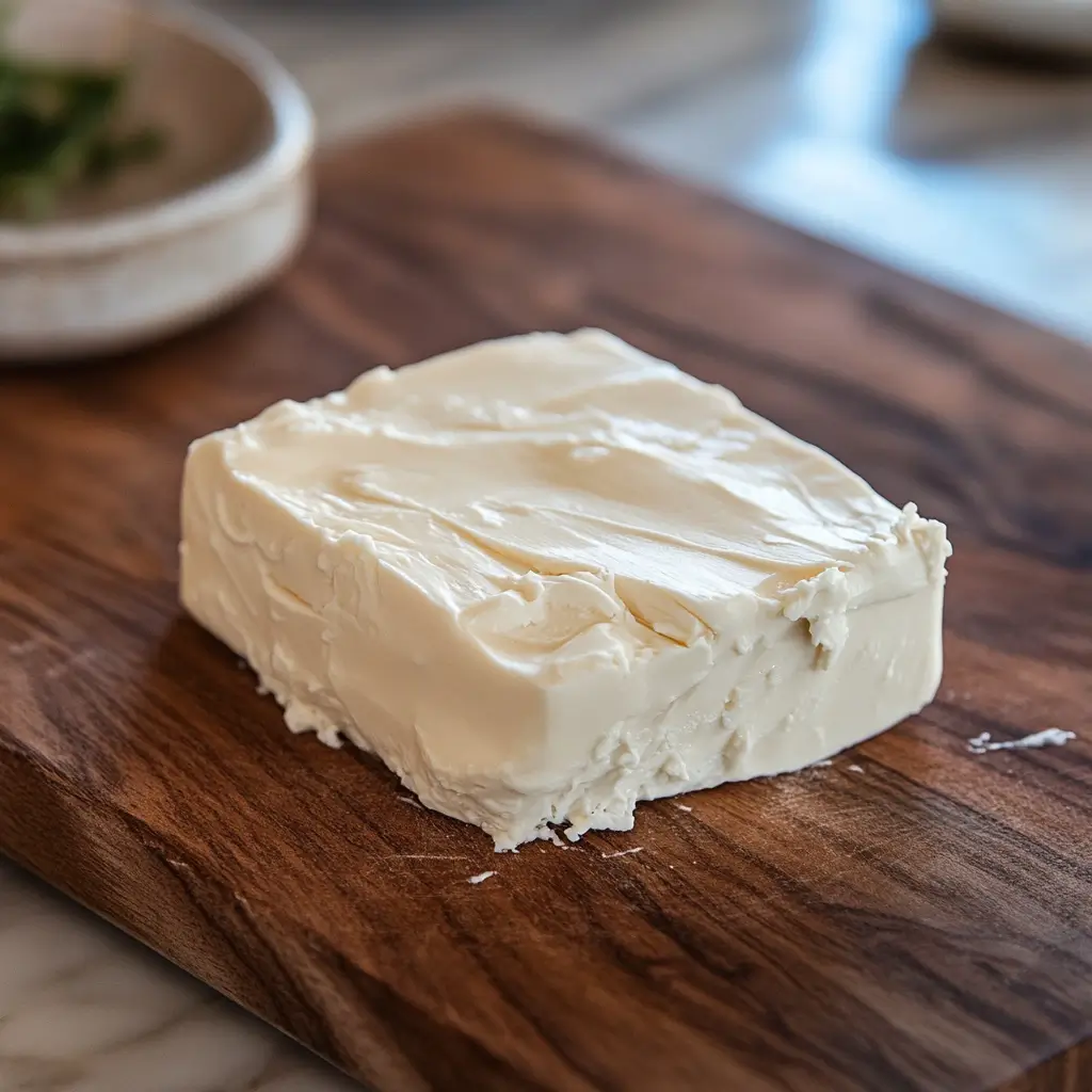 Plain cream cheese with a gluten-free label on a wooden cutting board.