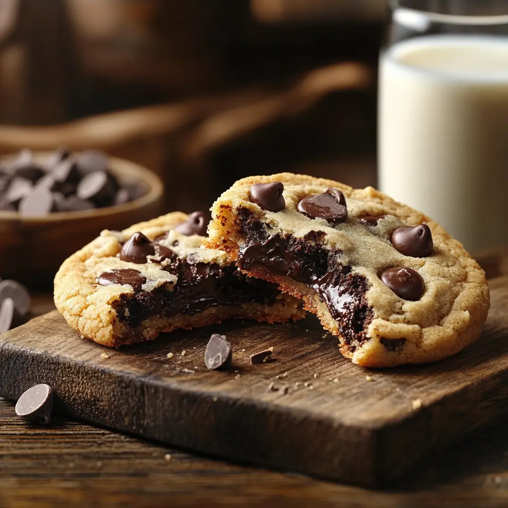 Close-up of a gooey Disney chocolate chip cookie with melted chocolate.