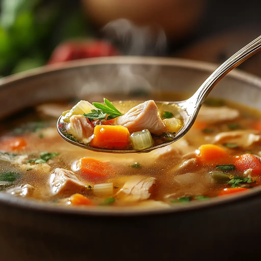 Close-up of a spoonful of chicken soup with chicken, vegetables, and noodles.