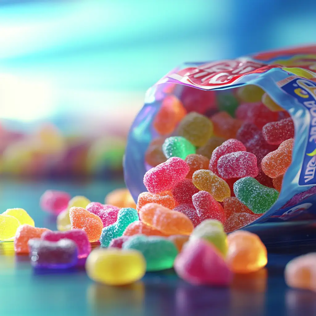 Nerds Gummy Clusters candy spilling out of a bag with a gluten-free label.