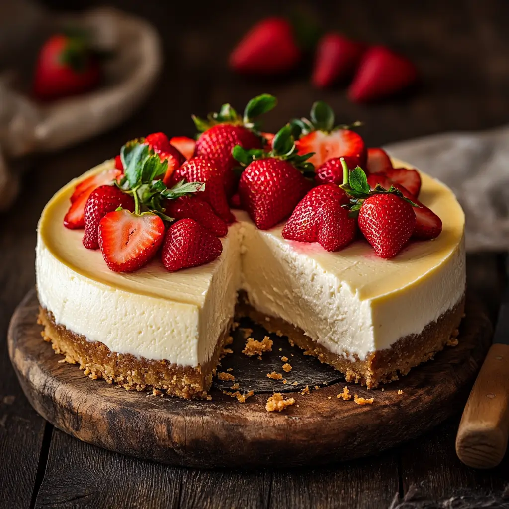 Gluten-free cheesecake with cream cheese topping and strawberries.