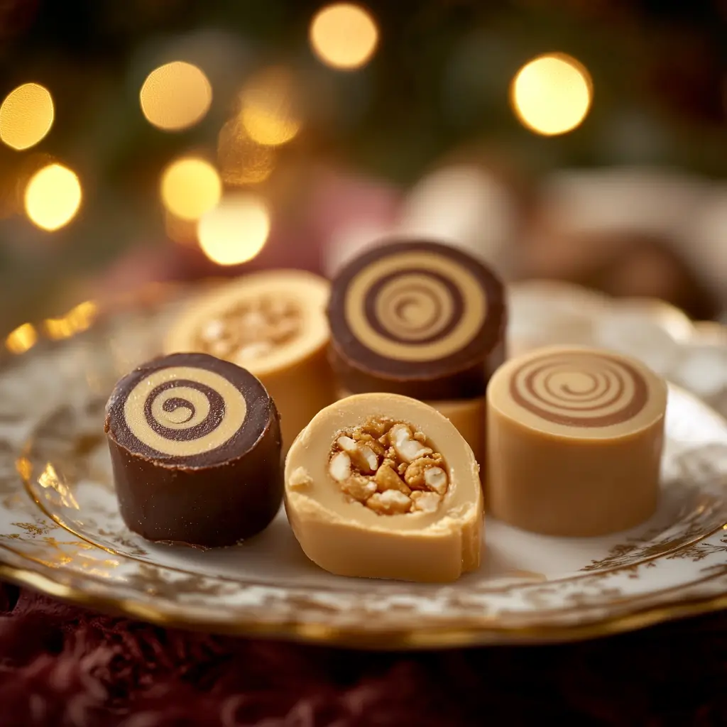A plate of peanut butter log candy, pinwheels, and buckeye candies.