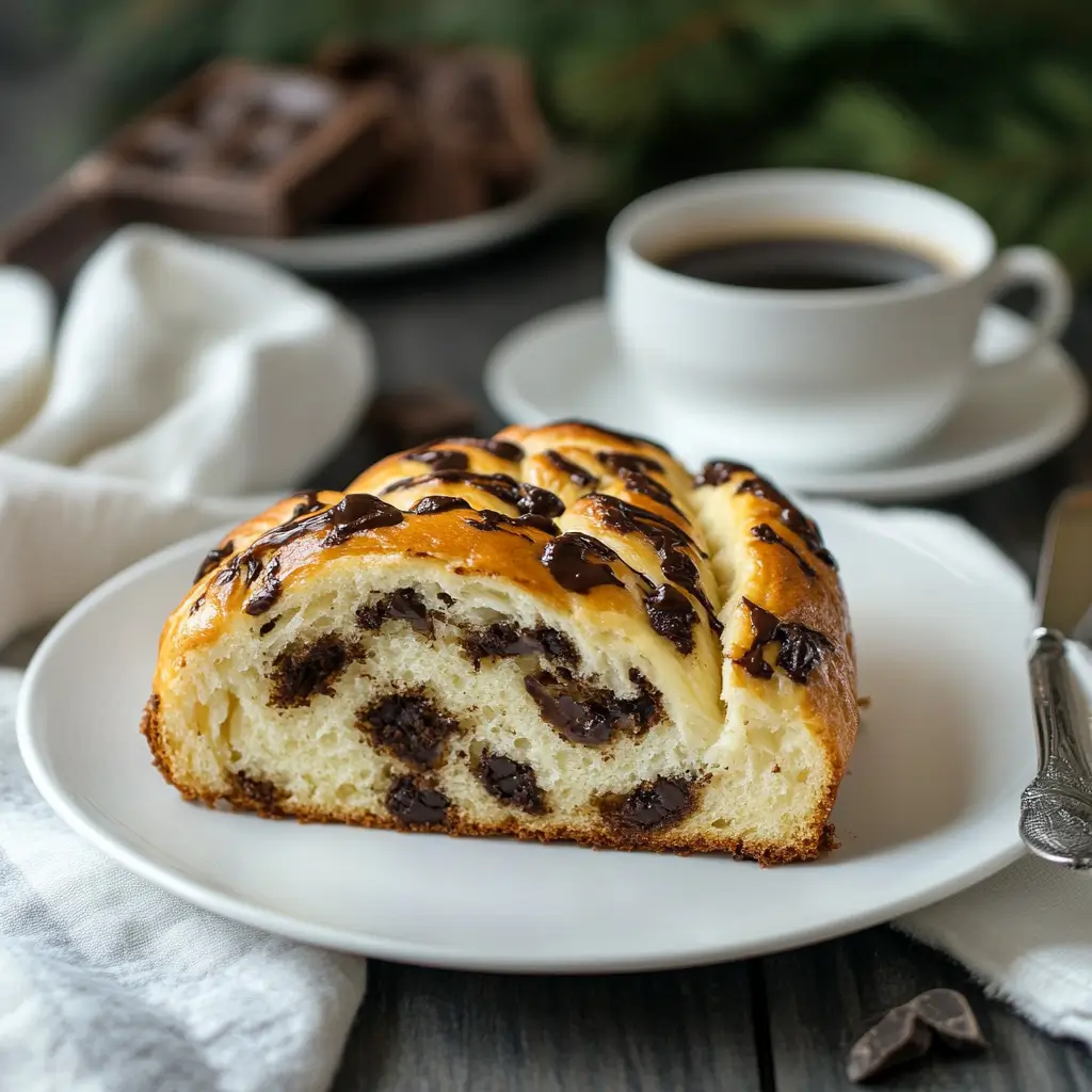 Slice of braided chocolate chip brioche with coffee