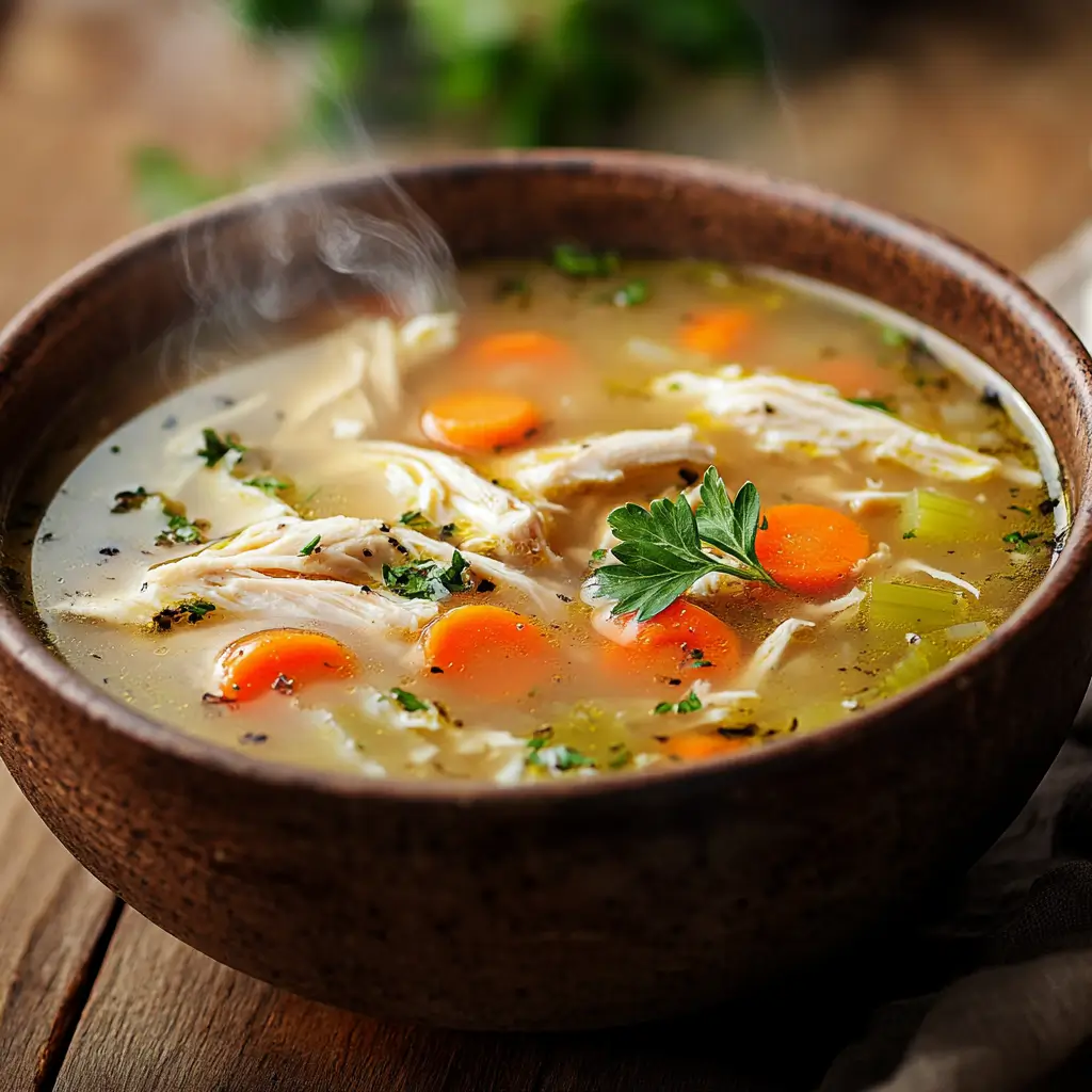 Grandma’s Chicken Soup in a rustic bowl with fresh herbs and vegetables.