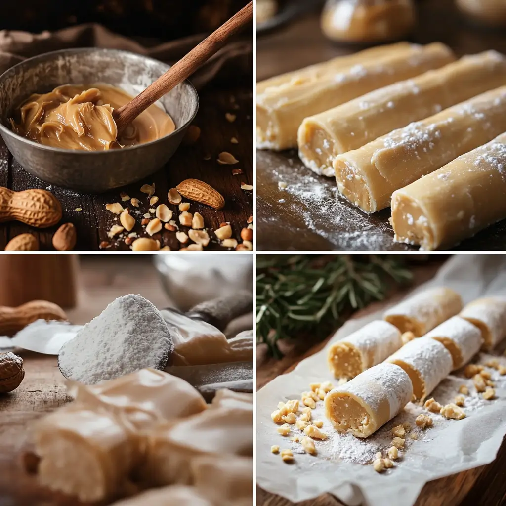 Ingredients for peanut butter log candy being mixed in a bowl.