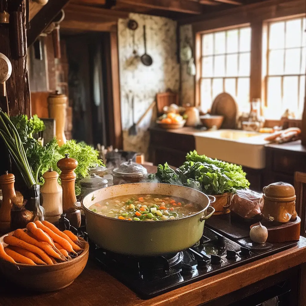 Vintage kitchen with a pot of chicken soup simmering on the stove.