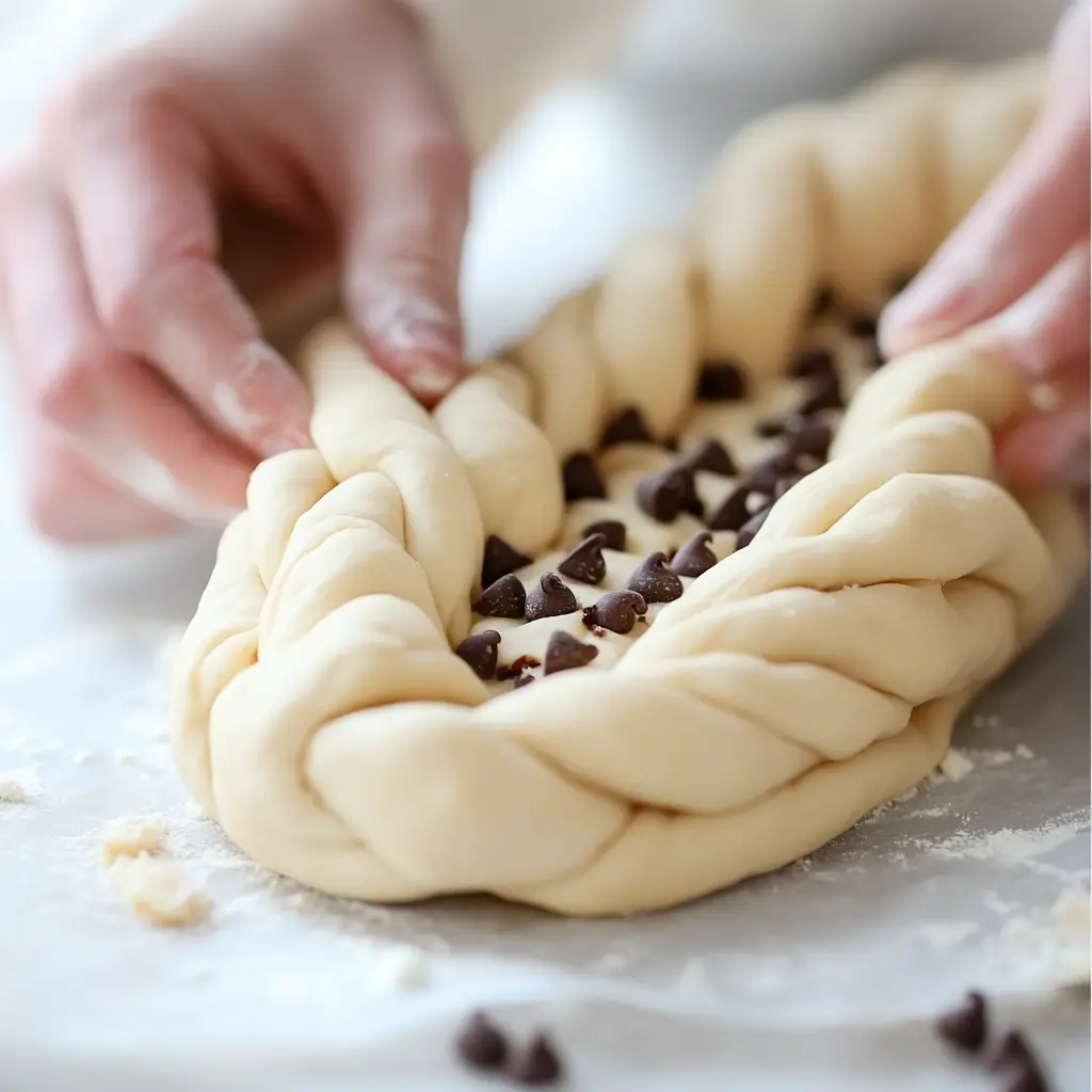 Close-up of hands braiding chocolate chip brioche dough