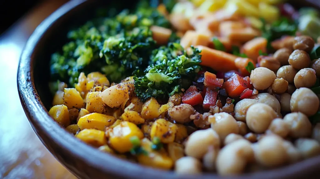 A colorful vegan gluten-free Buddha bowl with quinoa, roasted vegetables, and tahini dressing.