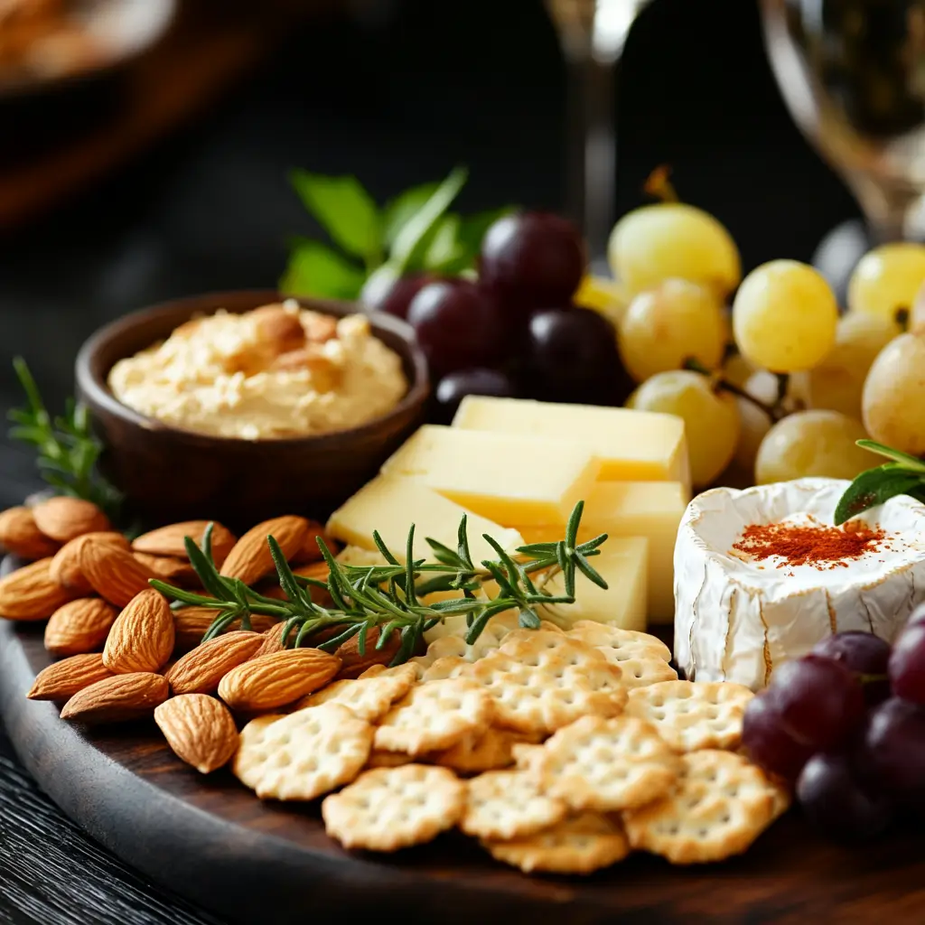 Cheese crackers on a cheese board with grapes and hummus.