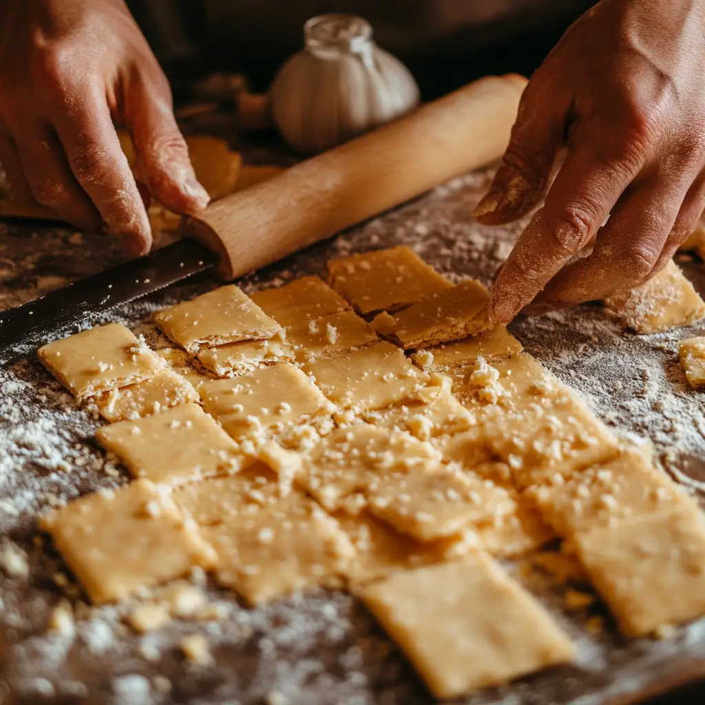 Rolling out cheese cracker dough on a floured surface.