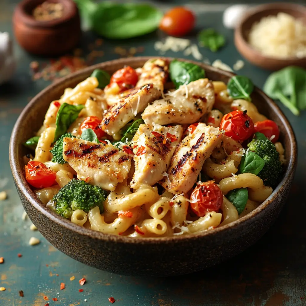 Healthy Kraft Mac and Cheese with whole-wheat pasta, grilled chicken, and veggies.