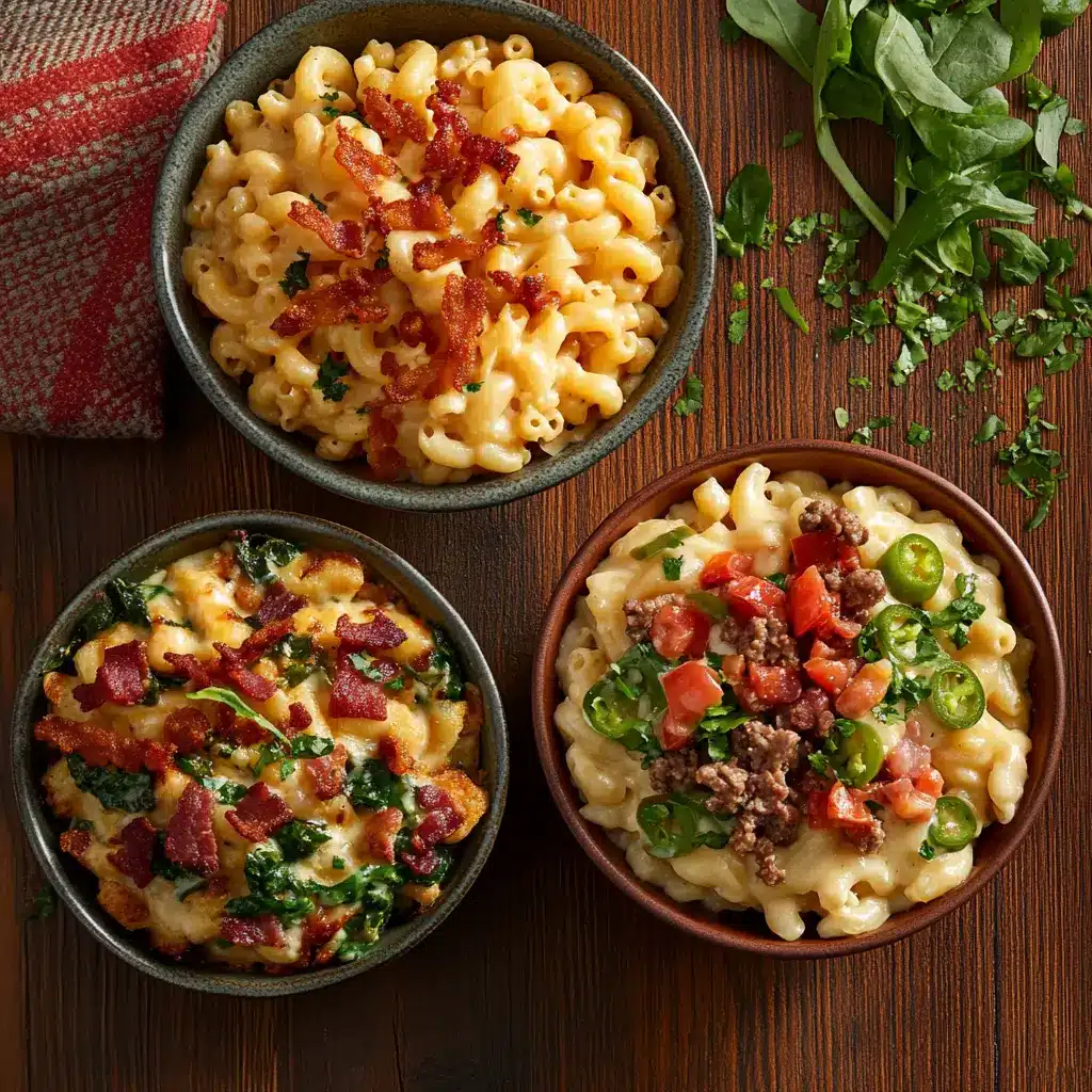 Three variations of Kraft Mac and Cheese – bacon cheddar, veggie-loaded, and Tex-Mex.Title: Creative Kraft Mac and Cheese Variations