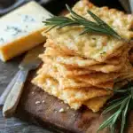 Homemade cheese crackers on a wooden board with cheddar cheese.
